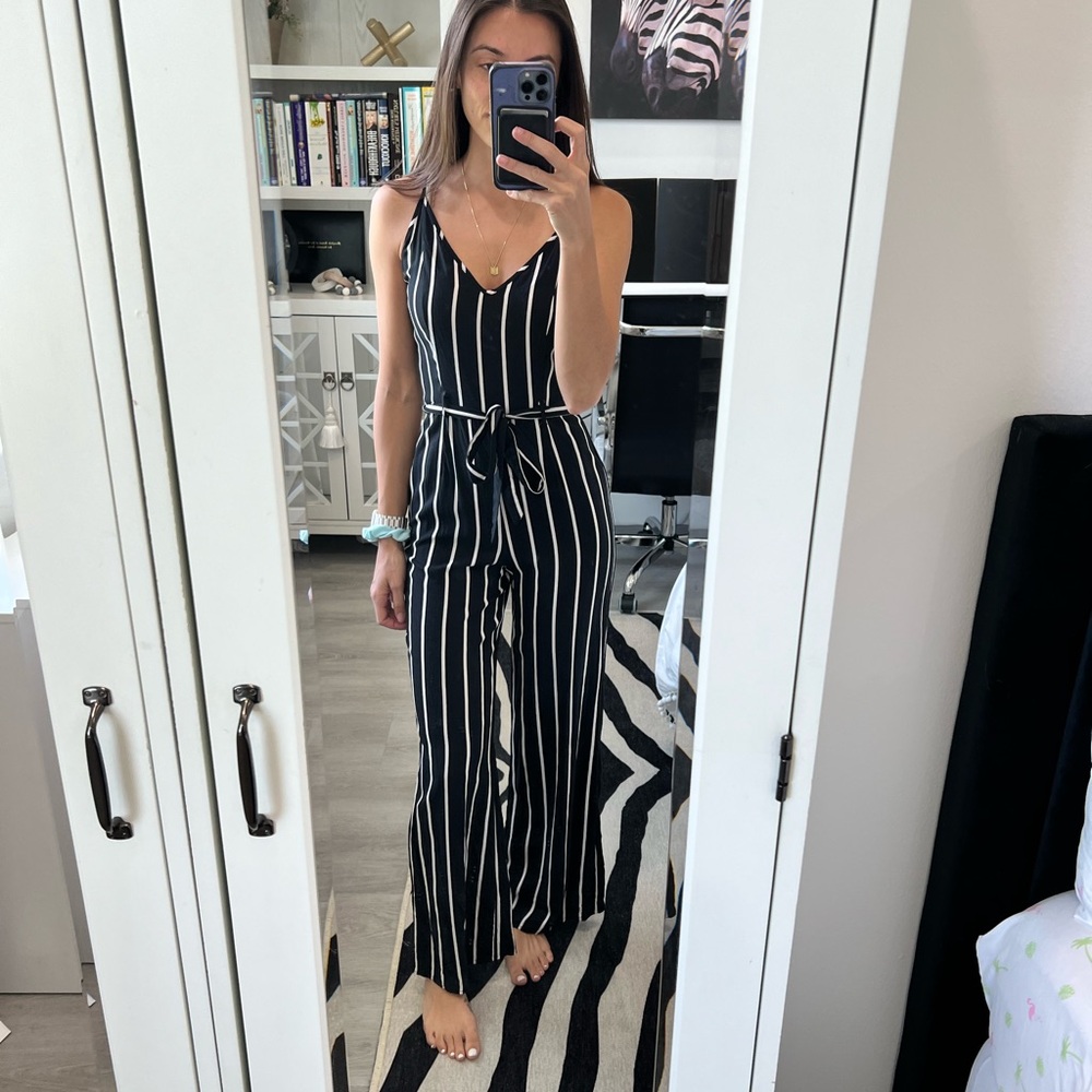 Forever 21 Black and White Vertical Stripe Jumpsuit